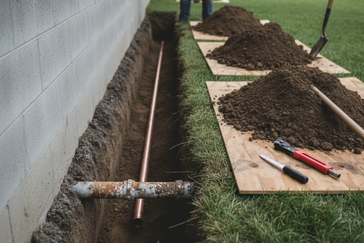 Excavated water line trench during Water Softener Installation in West Springfield